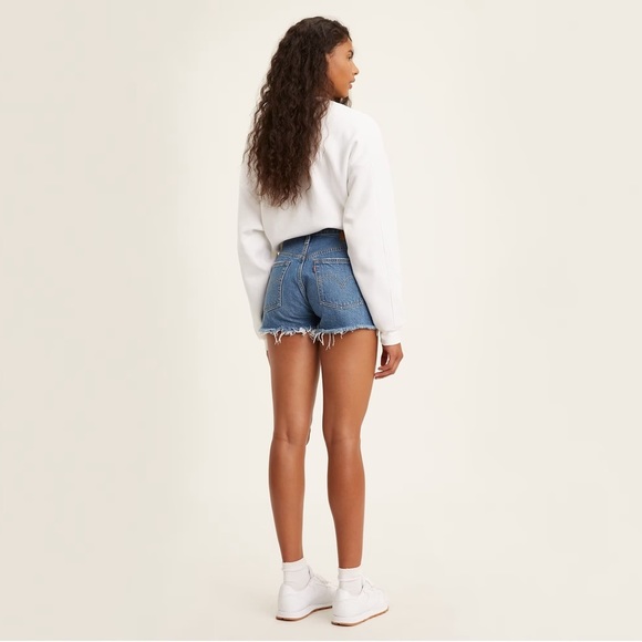 Levis 501 High Rise Medium Wash Denim Jeans Distressed Shorts Blue 25 - Picture 3 of 12